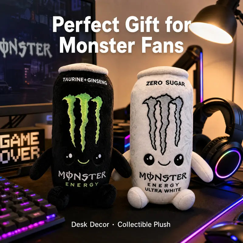 Monster Energy Drink Can Stuffed Toy - 6 in & 8.7 in Soft Plushies, Cute Collectible, Quirky Whimsical Geek Gift Idea for Gamer Desk Decor, Fan Presents