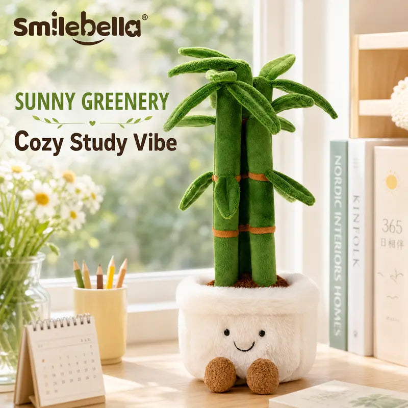 Smilebella 13-In Unisex Soft Velvet Lucky Bamboo Stuffed Plant, Fluffy Potted Stuffed Toy, Good Vibes Plant Decor, Cozy Study Desk Accent, Healing Birthday Gift