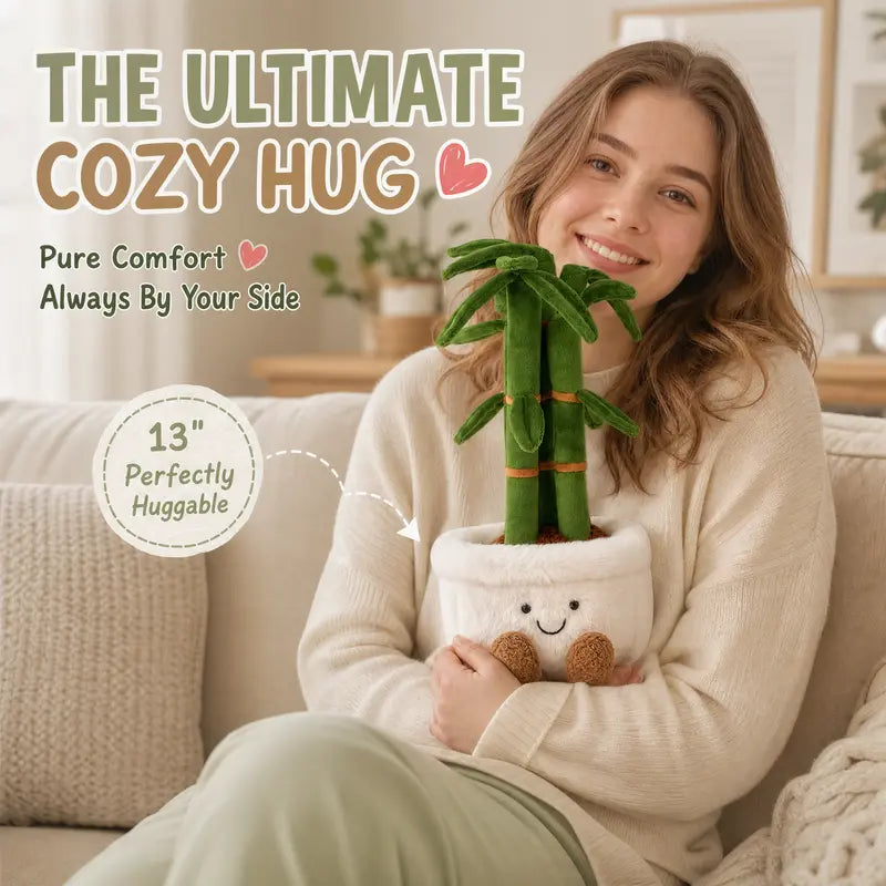 Smilebella 13-In Unisex Soft Velvet Lucky Bamboo Stuffed Plant, Fluffy Potted Stuffed Toy, Good Vibes Plant Decor, Cozy Study Desk Accent, Healing Birthday Gift