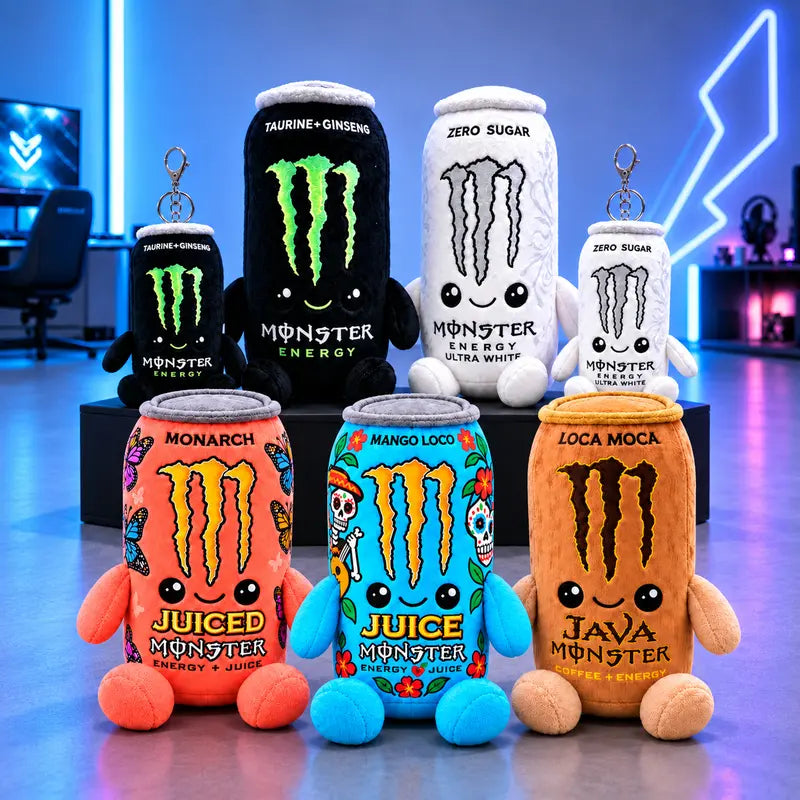 Monster Energy Drink Can Stuffed Toy - 6 in & 8.7 in Soft Plushies, Cute Collectible, Quirky Whimsical Geek Gift Idea for Gamer Desk Decor, Fan Presents